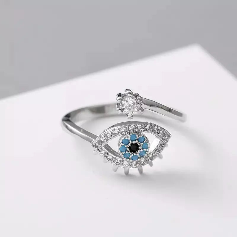 Cute Evil Eye Adjustable Ring - Silver