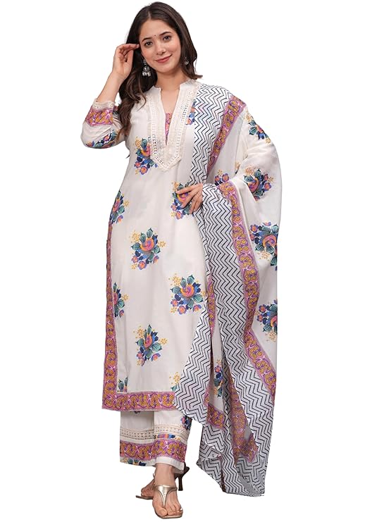 Amayra Women's Pure Cotton Printed Straight Kurta Set with Palazzo Pants & Dupatta- Ethnic Wear, White