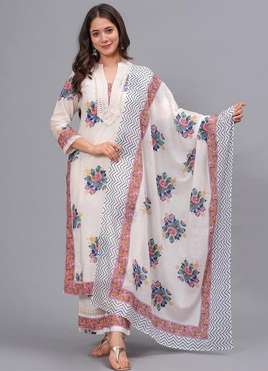 Amayra Women's Pure Cotton Printed Straight Kurta Set with Palazzo Pants & Dupatta- Ethnic Wear, White