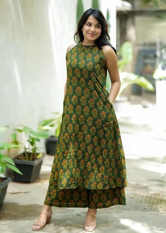 Nermosa Women Pure Cotton Kurta Palazzo Set | Sleeveless Printed Kurta with Palazzo Pants | Summer Friendly, Office Wear Co-Ord Set